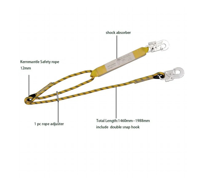 1460 To 1988mm Adjustable Safety Lanyard Yellow Energy Absorber Kernmantle Rope Lanyard