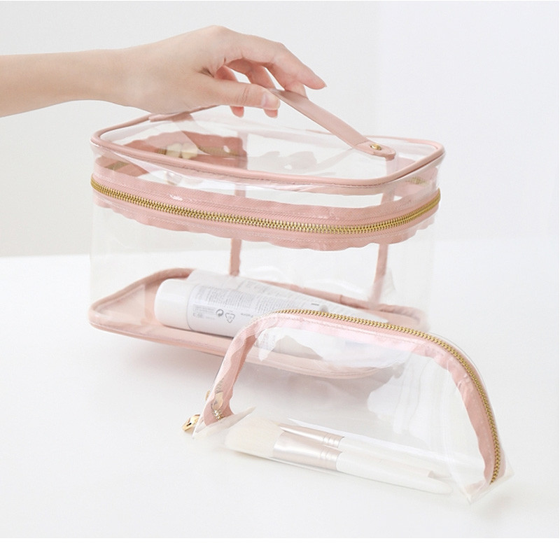 Logo Custom Pink Clear Handle Wash PVC Cosmetic Bag