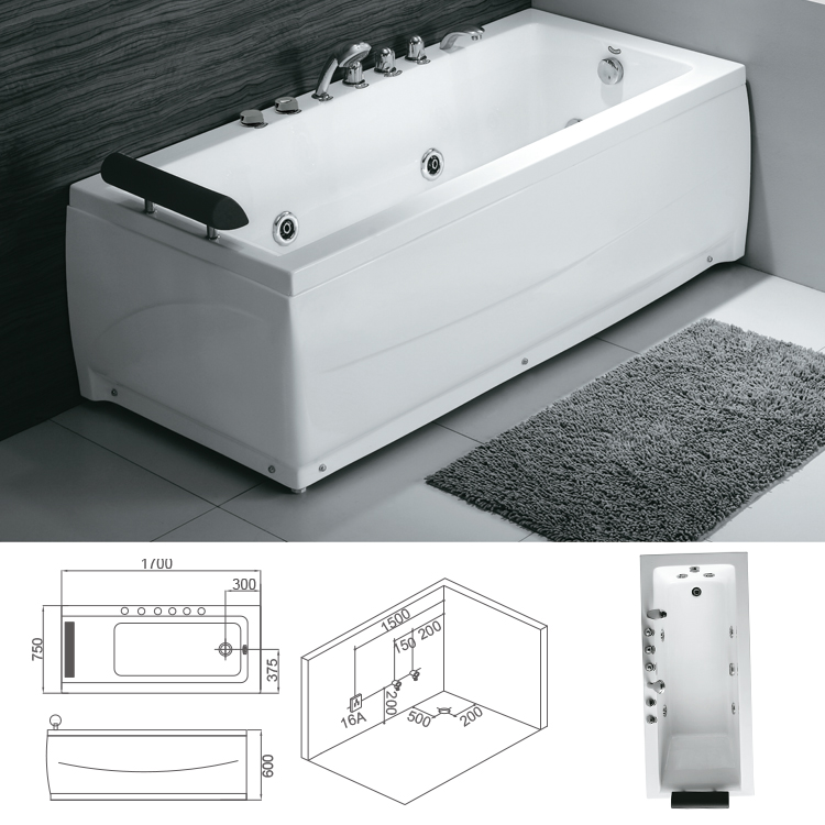 Fiberglass Acrylic Waterfall Whirlpool Bathtub Hotel Indoor 66.93"