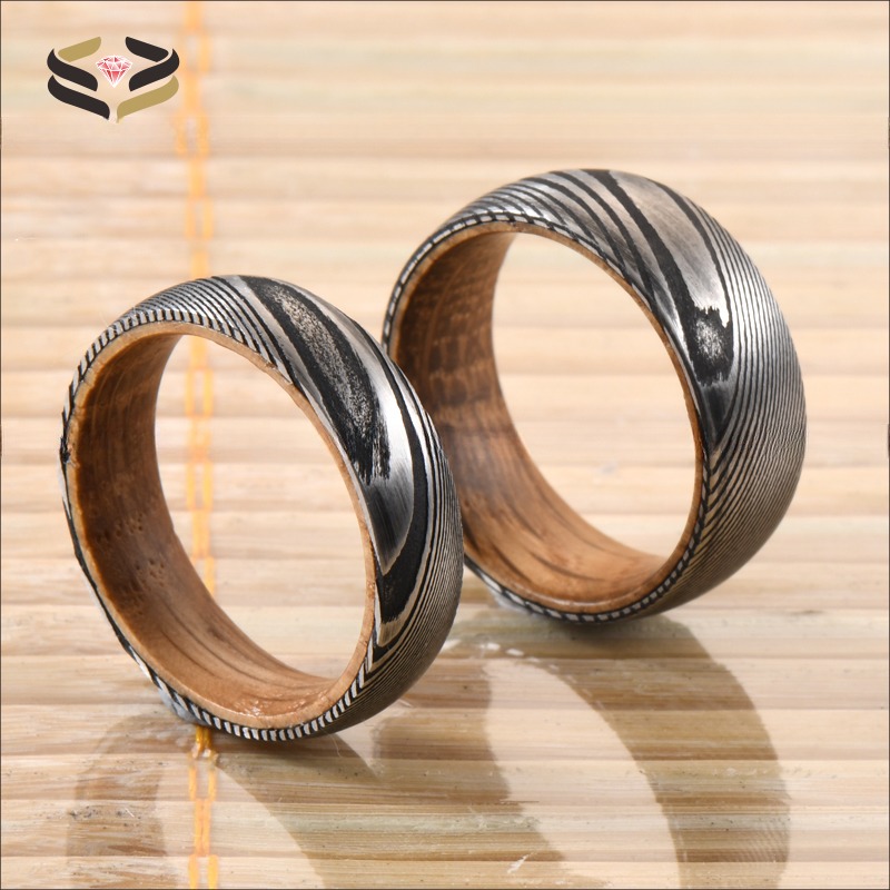 Etched Damascus Steel Wedding Rings 6mm 8mm With Whiskey Barrel Wood Sleeve Inlay