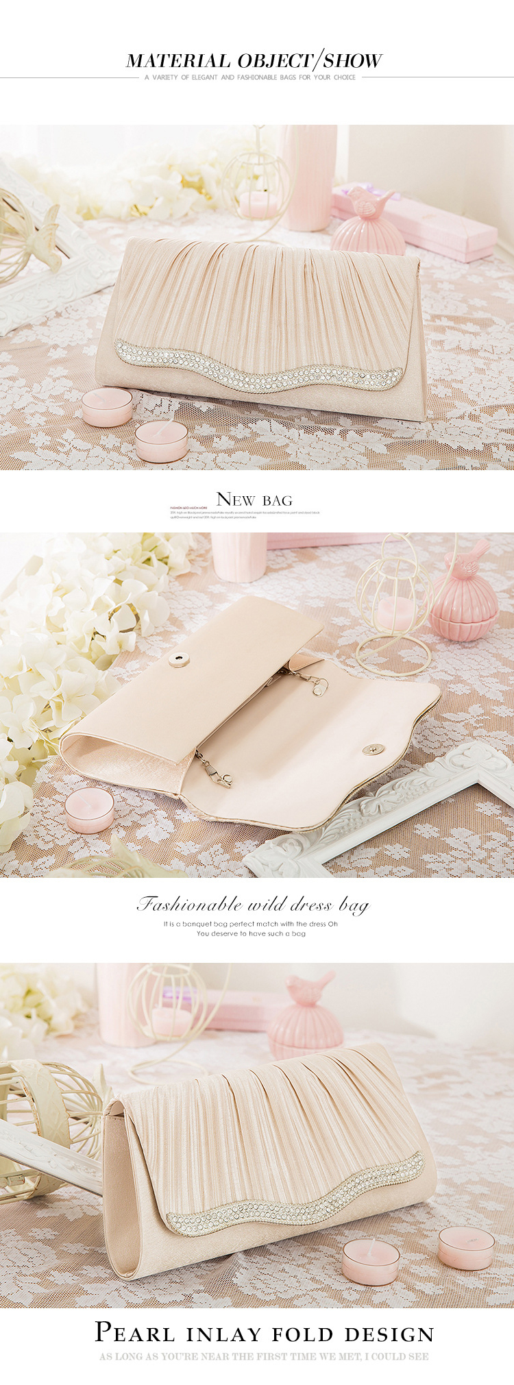 Evening Party Handbag OEM/ODM Elegant Women Hand Bags Crystal Pleated Evening Handbags