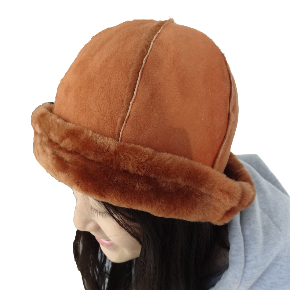 Winter Mouton Sheepskin Hats Caps with 6 Panel Chocolate Camel Color