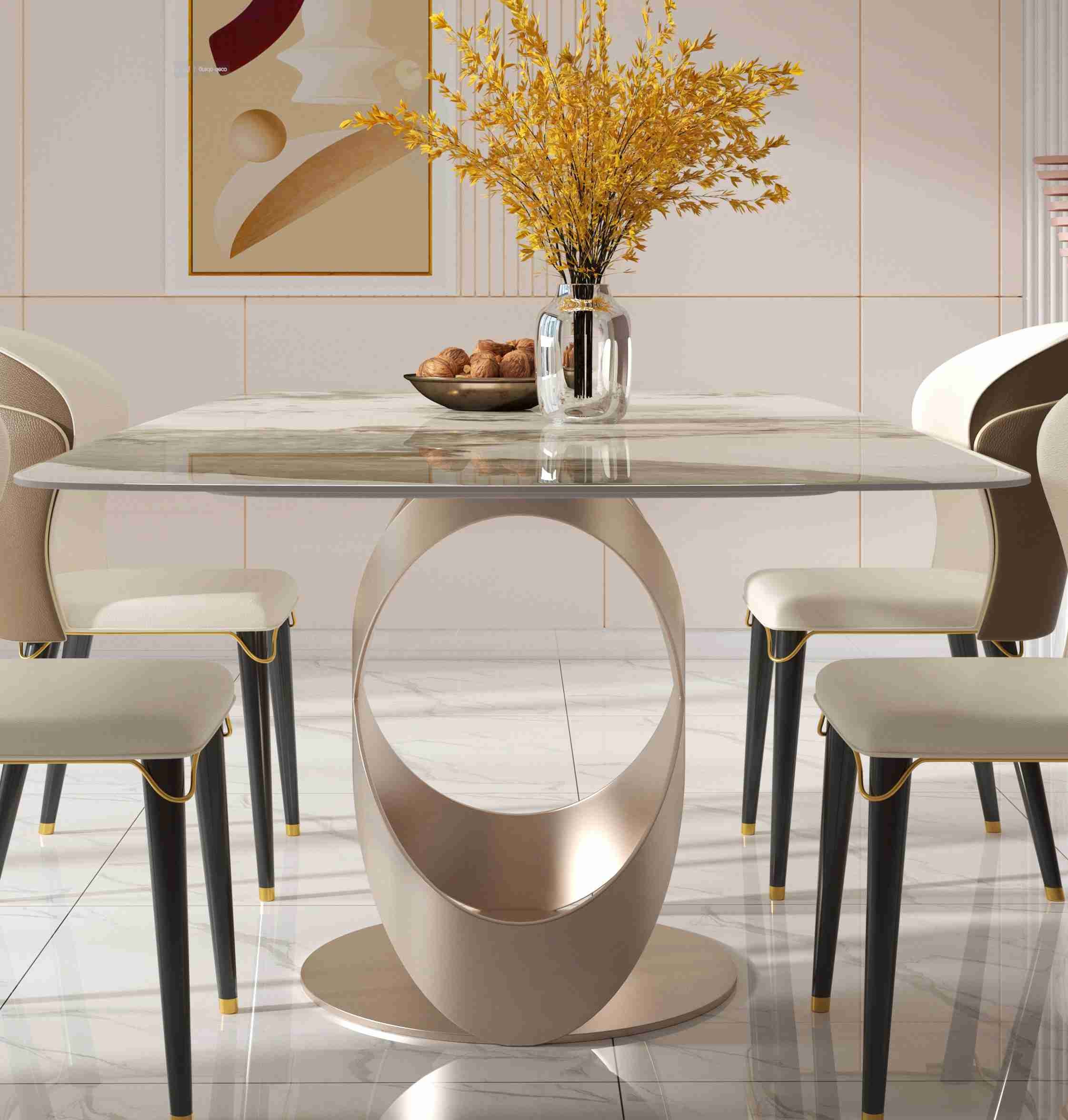 Luxury Contemporary Dining Table Chair Sets With X Stainless Teel Base
