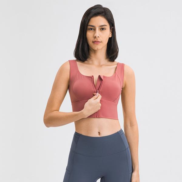 Blue Grey Gathered Women's Sports Bra Front Zip Shockproof Gym Running Fitness