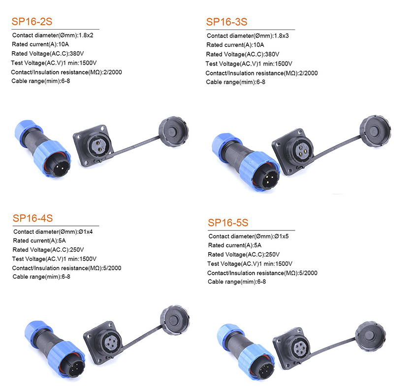 SP16 IP68 Waterproof Cable Connector Plug Socket Male And Female 2 - 9 Pin