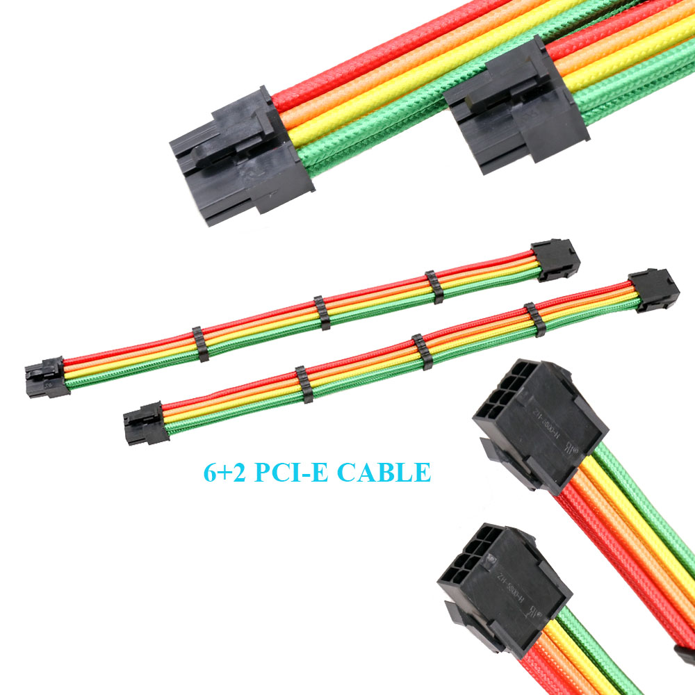 Power Supply Extension Cable Kit ATX 24 4+4 EPS 6+2 PCI-E 6 PCI-E 18AWG Cotton Rainbow PC extension cord for computer