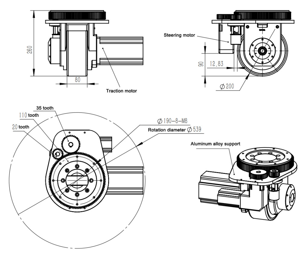 Steerable Low Voltage BLDC AC Motor Drive Wheel With Servo Traction Motor 48V 1000W