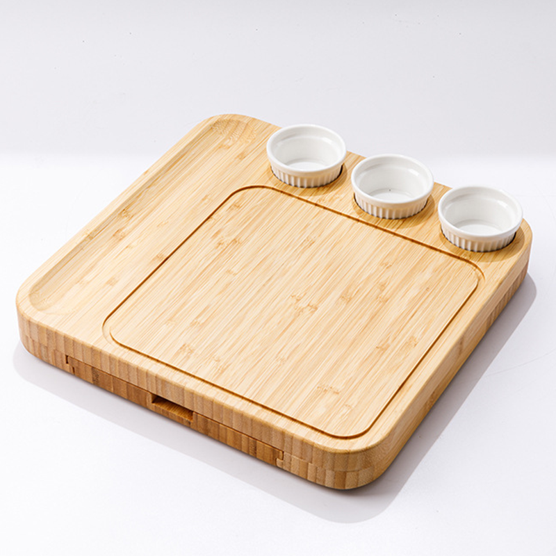Bamboo Cheese Board and Knife Set Eco-friendly Charcuterie Board with 3 Ceramic Bowls
