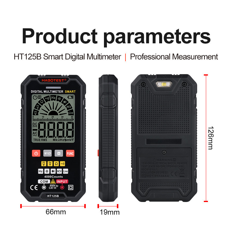 HT125B Smart Digital Electrician Multimeter Digital DC AC Voltage Ohm Diode Capacitance NCV Hz Live Wire Tester