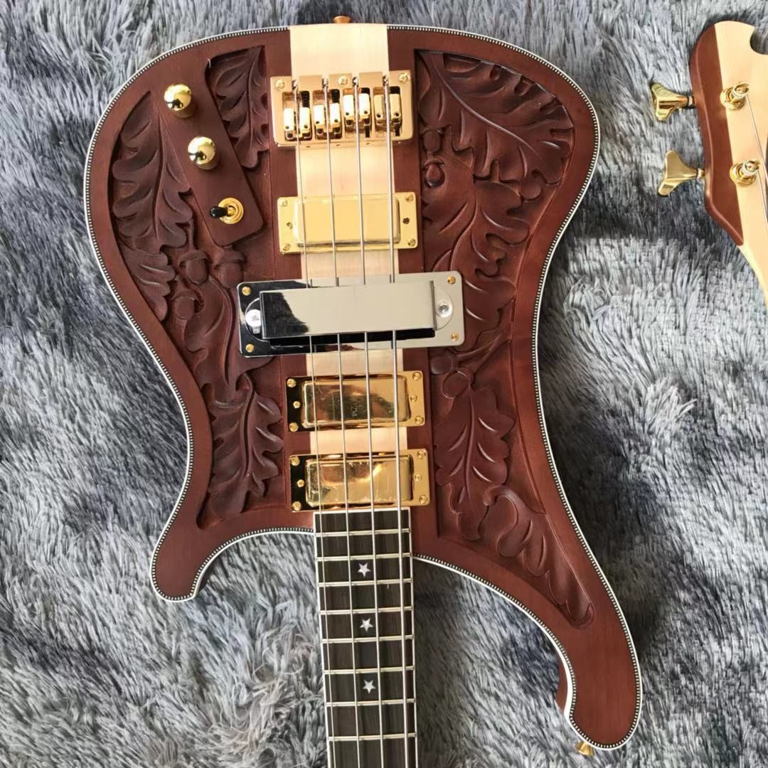 Custom Grand Rickenbacker Style 4 Strings Neck Through Body Electric Bass Guitar Carve Top Musical Instruments Factory