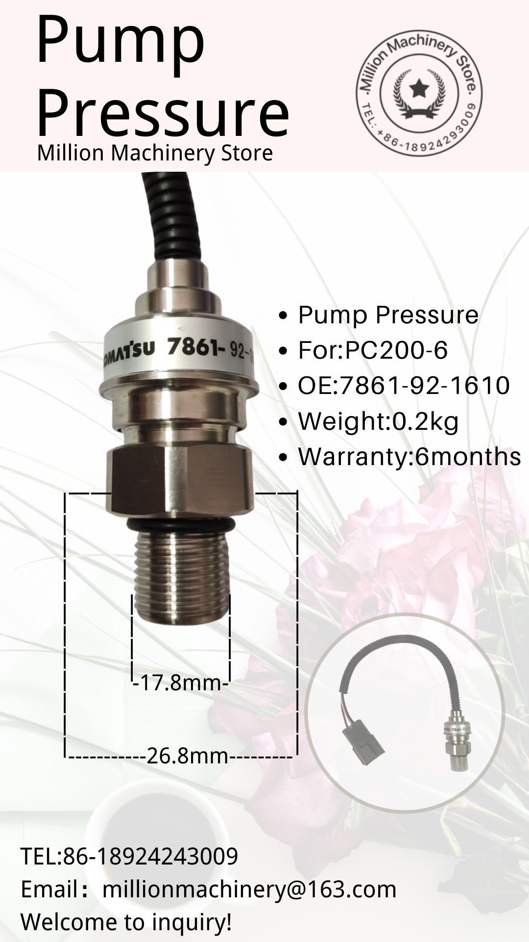 7861-92-1610 Excavator Accessories Hydraulic Pump High Pressure Sensor Switch KOMATSU PC200-6