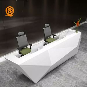 Custom Modern Diamond Design 2 Person White Solid Surface Reception Desk For