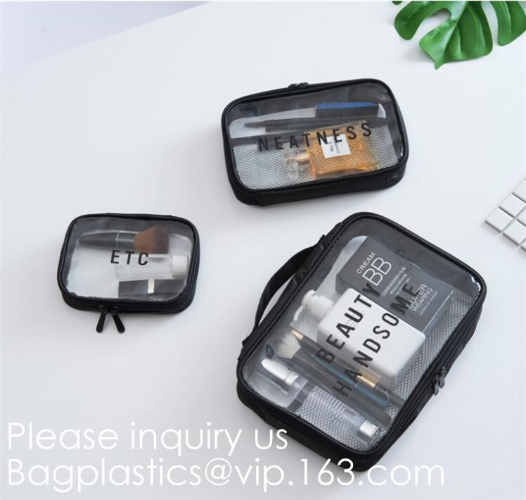Clear Zipper Pouch with Strap Makeup Bag PVC Cosmetic Pouch,Printing Clear Zip lockk Cosmetic PVC Pouch, bagease, bagplast