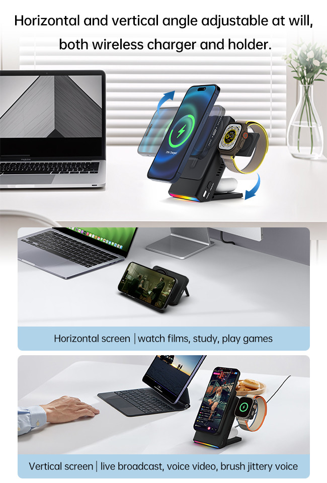 Adjustable Ambient Light 15w Wireless Charger With Power Bank For Travel