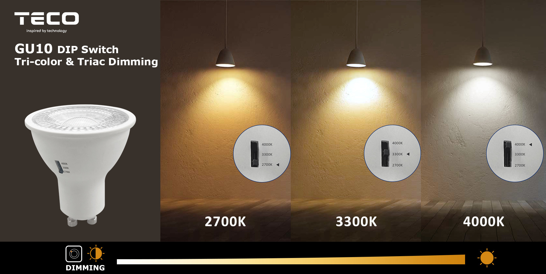 Teco Dip Switch Dimmable GU10 LED Spotlight 3CCT 230V 2700K 3300k 4000k Ra98