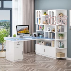 Chi Weng Solid Wood Computer Desktop Writing Desk Bookshelf Combination