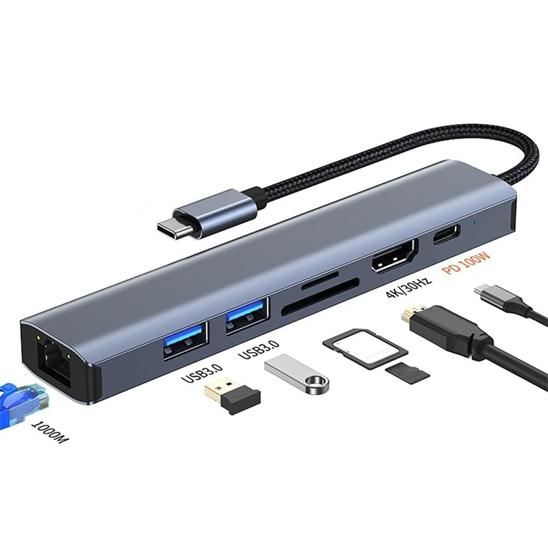Gray 7 In 1 USB C Type C Hub with 1000M RJ45 Gigabit Ethernet 4K HDMI PD 100W Adapter