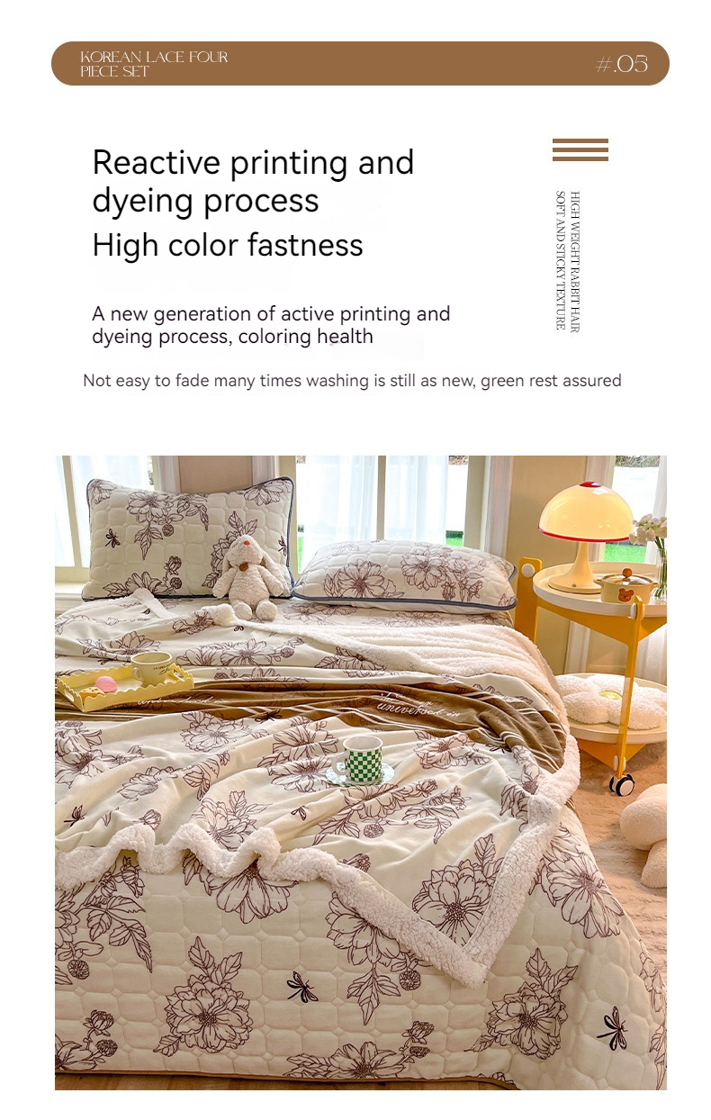 Thickened Warm Winter Quilt 4-piece Set Lamb Fleece and Milk Fleece Plush Bed Covers