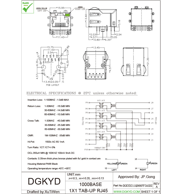 Tab Up 100Mb RJ45 With Integrated Magnetics Modular Jack For Ethernet Devices