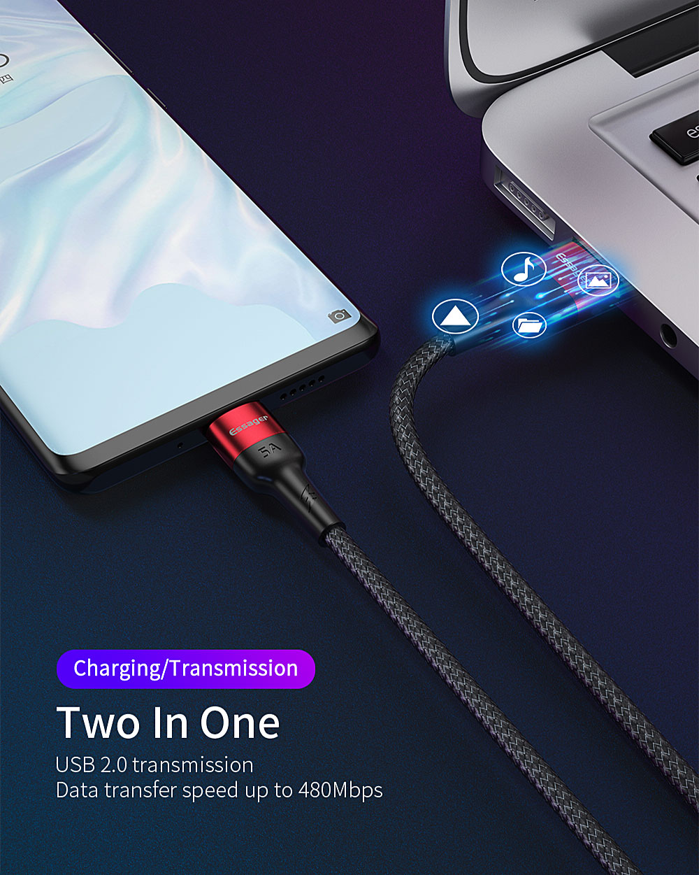 Essager 5A Type C Fast Cable 1M 2M Fast Charging USB 2.0 Data Transfer Type C Cable
