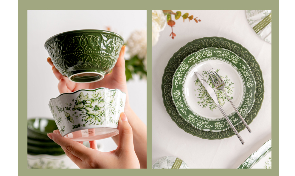 European And British Influence Green Porcelain Dinnerware Set For Sustainable Dining