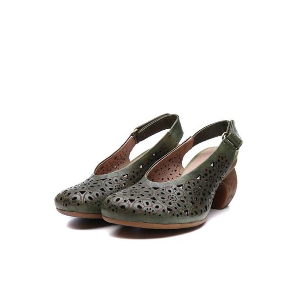 S494 Summer New Hole Sandals Leather Fashion Sexy Round Toe Buckle Mid Heel
