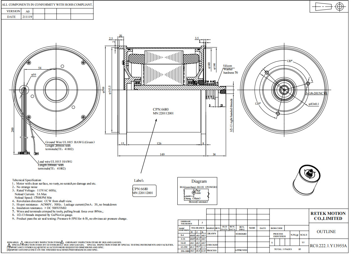 Tight Structure Single Phase Ac Motor , Capacitor Start Motor Rated Speed 1300RPM