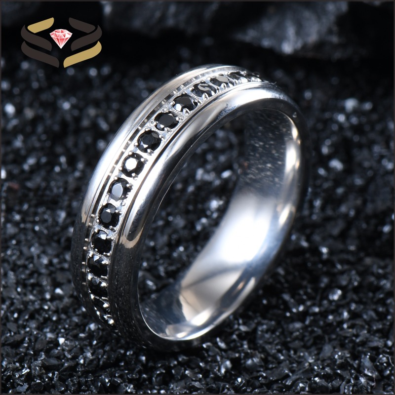 Women Titanium Wedding Rings 6mm With Black Cubic Zirconia Inlay