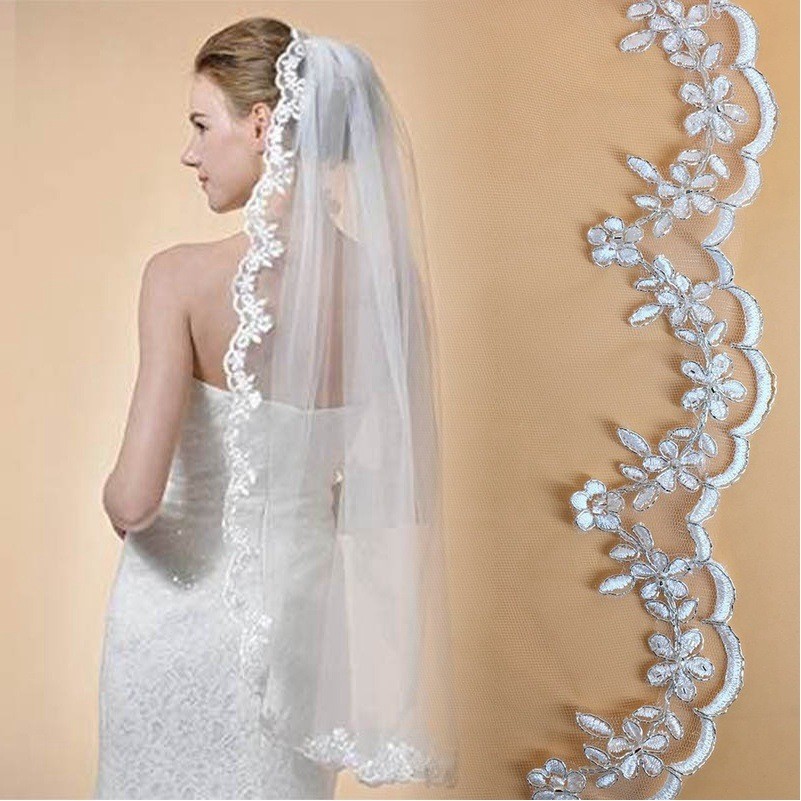 36" Embroidery Sliver Cord lace Ivory/White Bridal Veil Wedding Accessories