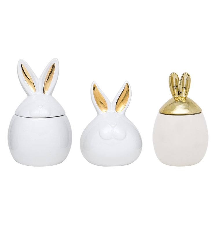 Latest Easter Rabbit Cookie Sugar Coffee Ceramic Storage Canister With 3D Golden Electroplated Lid