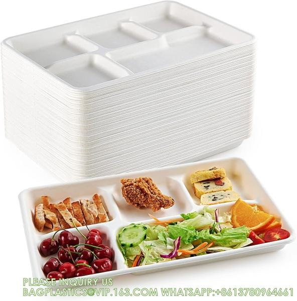 5 Compartment Plates, 125 Pack Disposable Paper Plates, Biodegradable Sugarcane