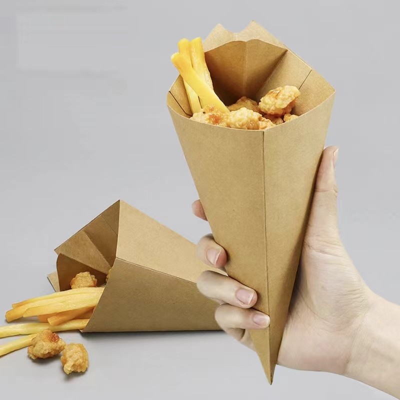 Custom Print Logo Biodegradable Paper Triangle Packaging Waffle Cone Holder Crepe Take Away Box