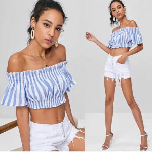 China Apparel Womens Striped Off Shoulder Cropped Top on sale