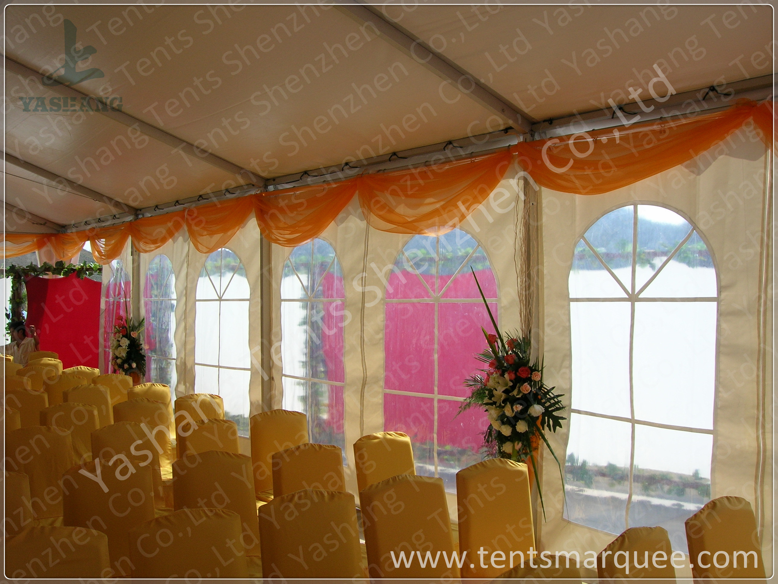 White Roof Cover outside event tents for Golf Villas Sales Conference with orange ripples