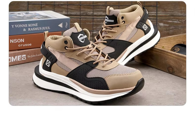 Steel Toe Mid-cut Pigskin And Flying Knit Safety Boots For OEM Security Work