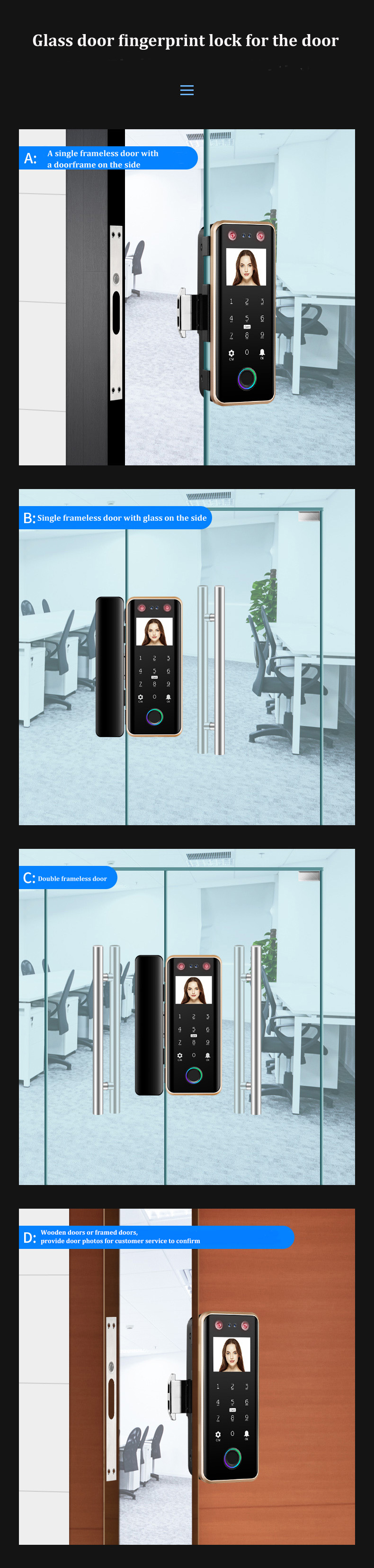 G5S Face Recognition Fingerprint Card Passcode Electronic Glass Door Lock for Office