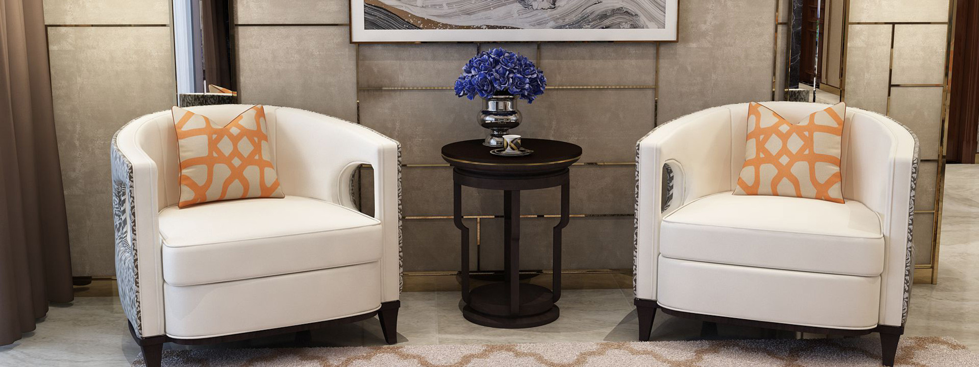Fashion luxury design of Hotel Lobby furniture reception sofa set made by Leather cushion in Glossy painting legs