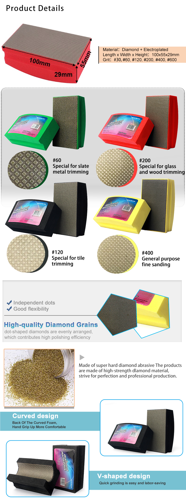 Electroplated Diamond Hand Polishing Pads Sanding Block Foam Backing Pads For Wood Ceramics Glass Tile Concrete Marble