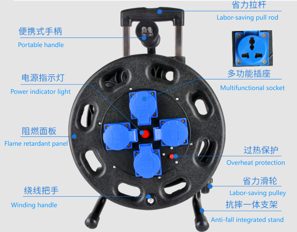 4 Way General Sockets IP54 Retractable Cable Reel Customized Length Heavy-Duty Industrial Waterproof Extension Cable Reel