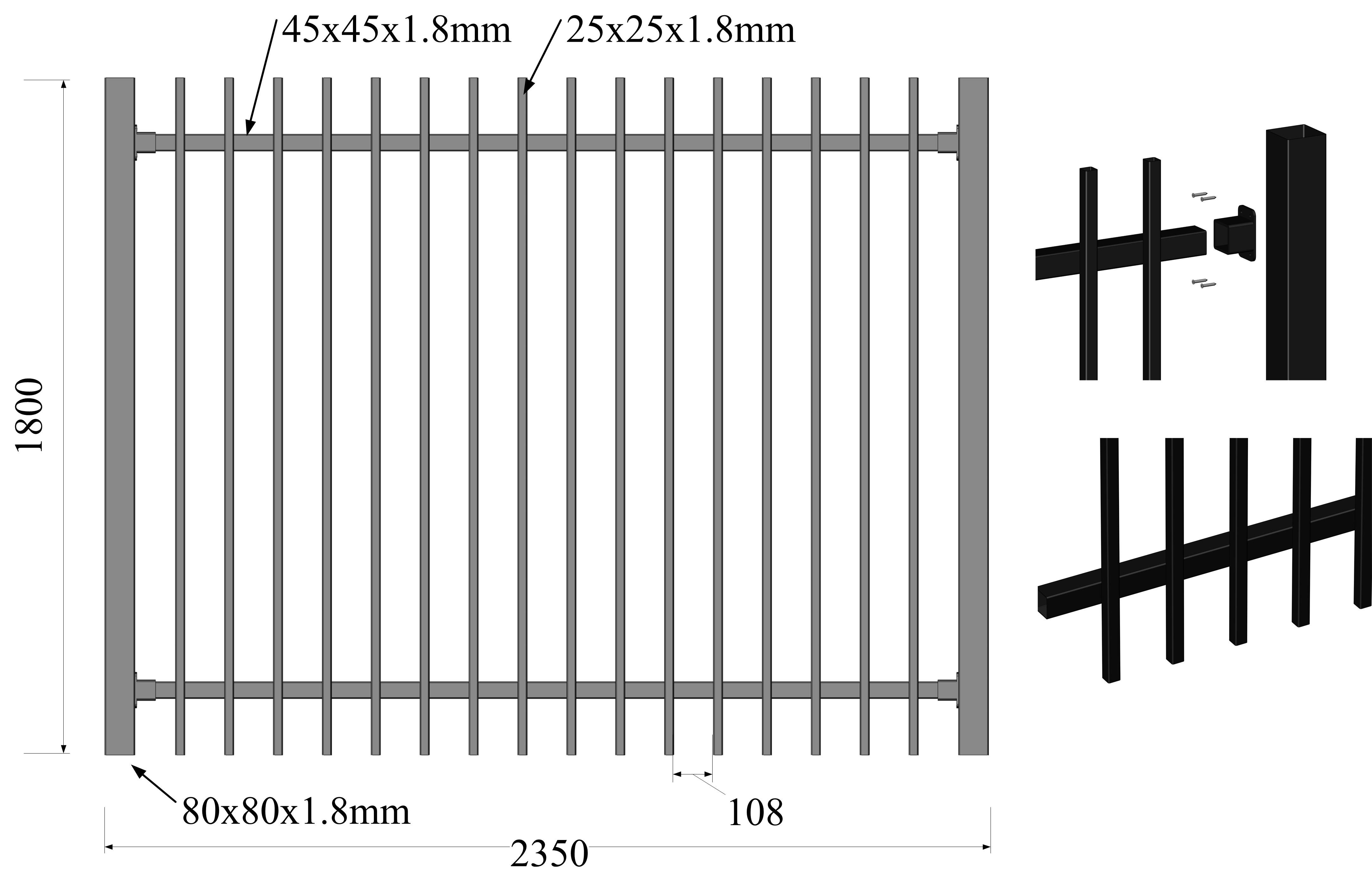 2.1m*2.4m Pressed spear top security Steel fencing with Punched Tube Rails 45mmx45mm x 1.80mm black powder steel fence