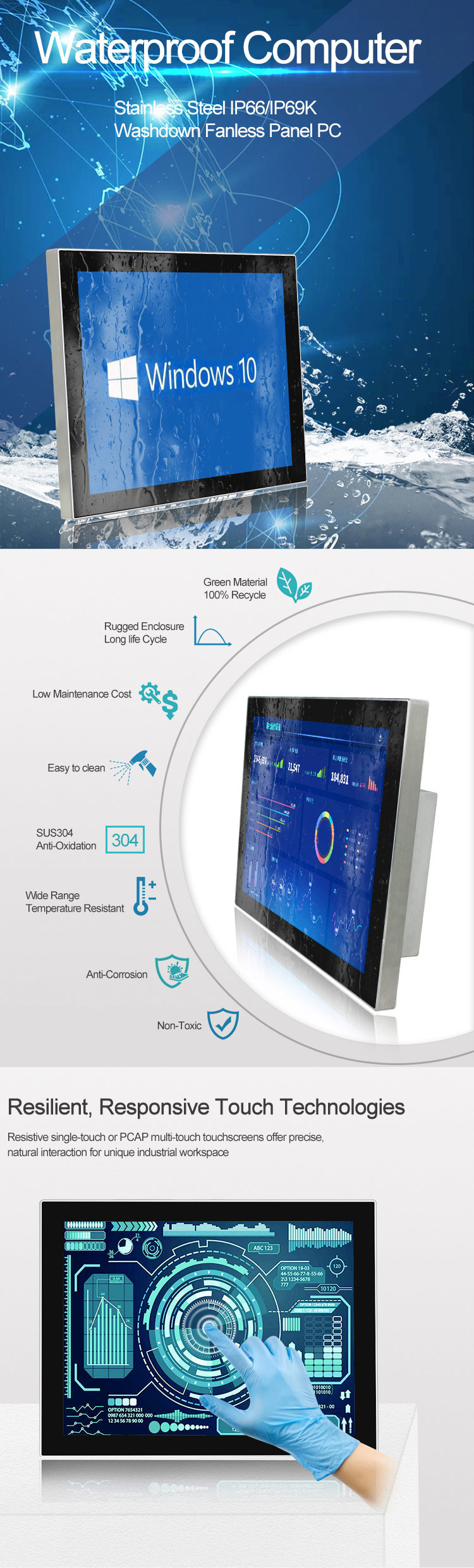 SUS 304 Stainless Steel Panel PC Fully Waterproof Anti Corrosion For Meat Processing