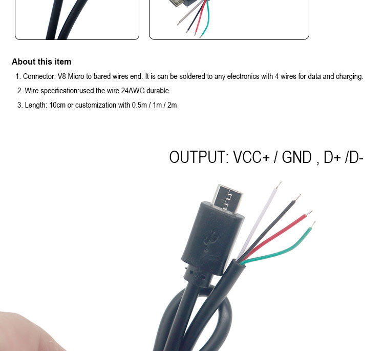 OEM Custom Micro B V8 5 Pin USB Male to Open Pigtail Bare Wires Cable