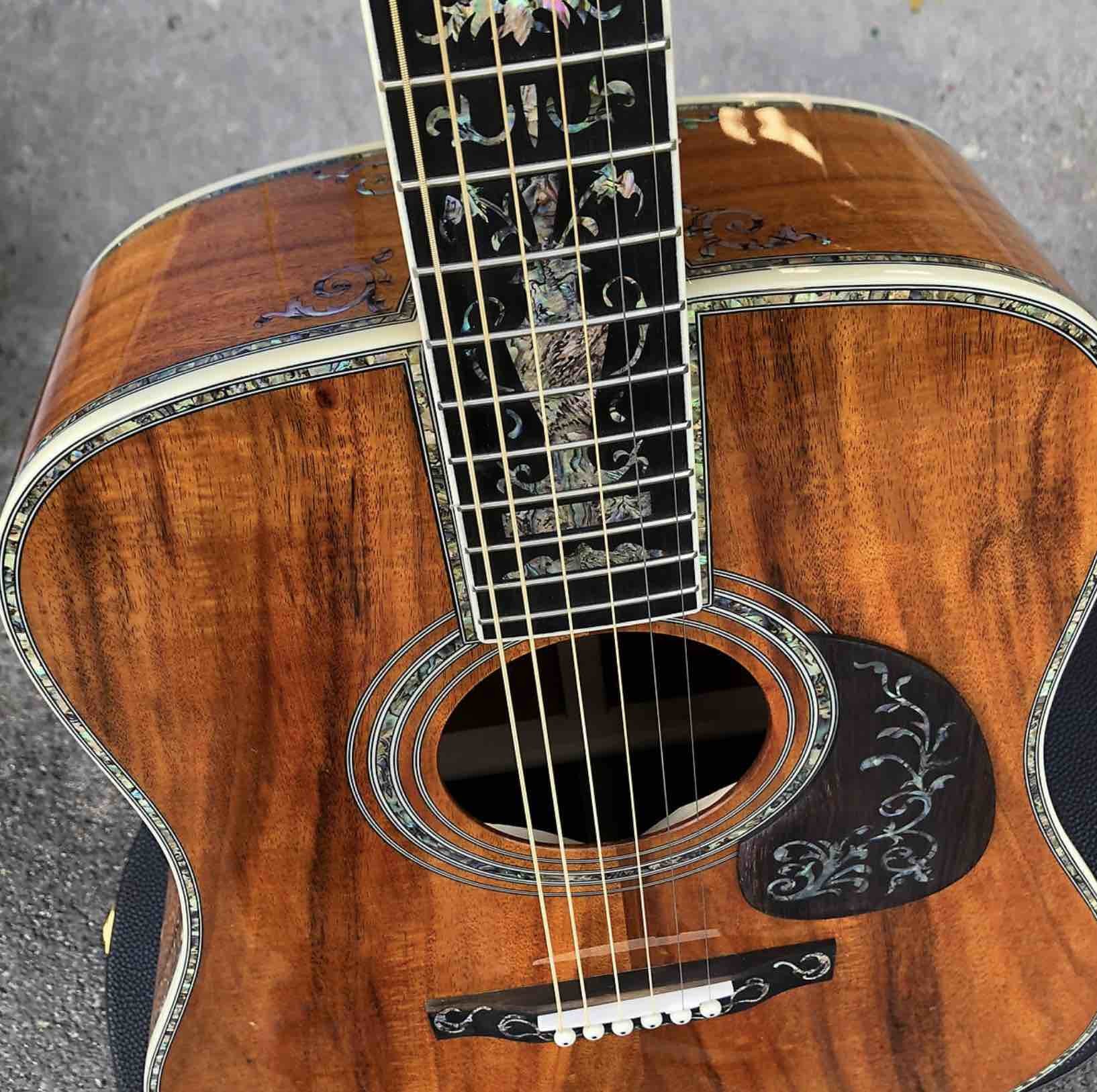 All KOA wood classic acoustic guitar,Flower Ebony Fingerboard,Real Abalone inlays and binding
