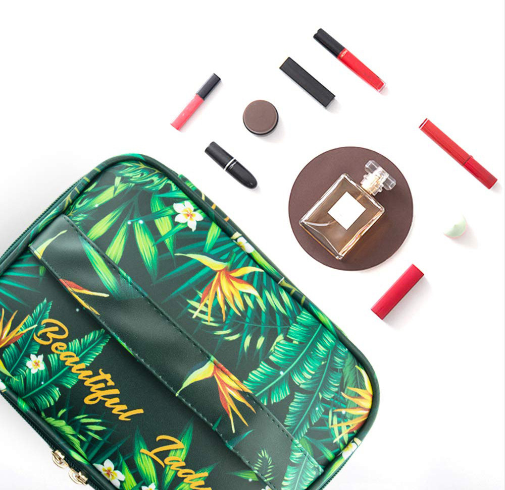 Girls Green Plant Polyester Makeup Bag Organizer