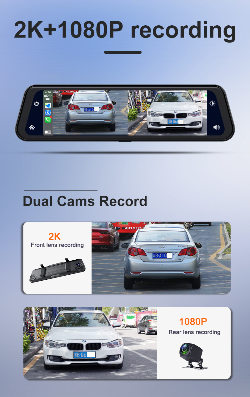 2K 1080P Android Wireless Carplay Dashboard Dash Cam 12inch Touch Screen