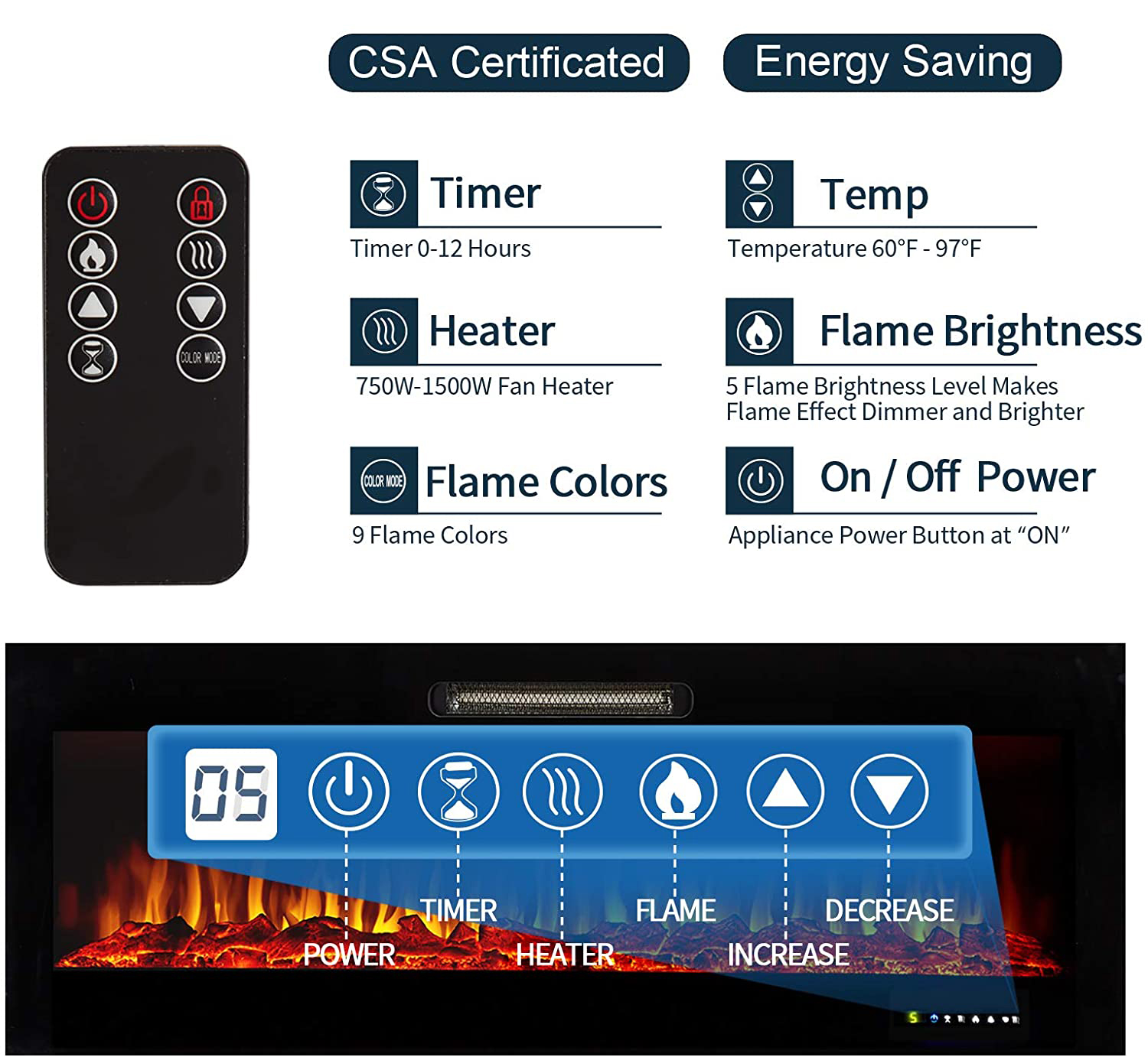 Adjustable Thermostat 40-In Electric Fireplace Wall Mounted Fireplace for Home Heating