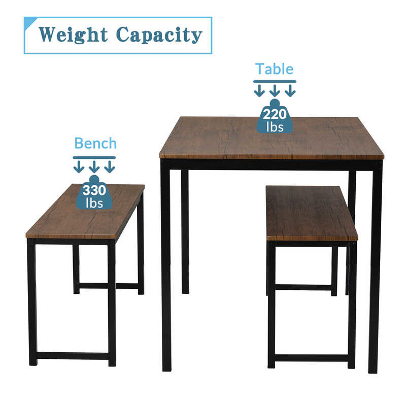 Brown Two Benches 3pcs Dining Room Table And Chair Set 29lbs Table Weight