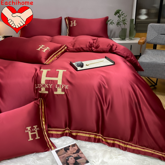 Customized HOT SEAL H Embroidered Washed Silk Four Pieces Bedding Set for All-Season
