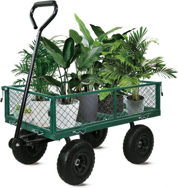 Green Trailer Cart Heavy Duty Metal Trolley for Outdoor Gardening 17KGS Weight