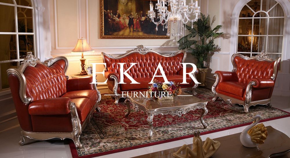 Luxury Carved Sofa Set Antique Style Red Chesterfield Sofa Leather LS-A806T